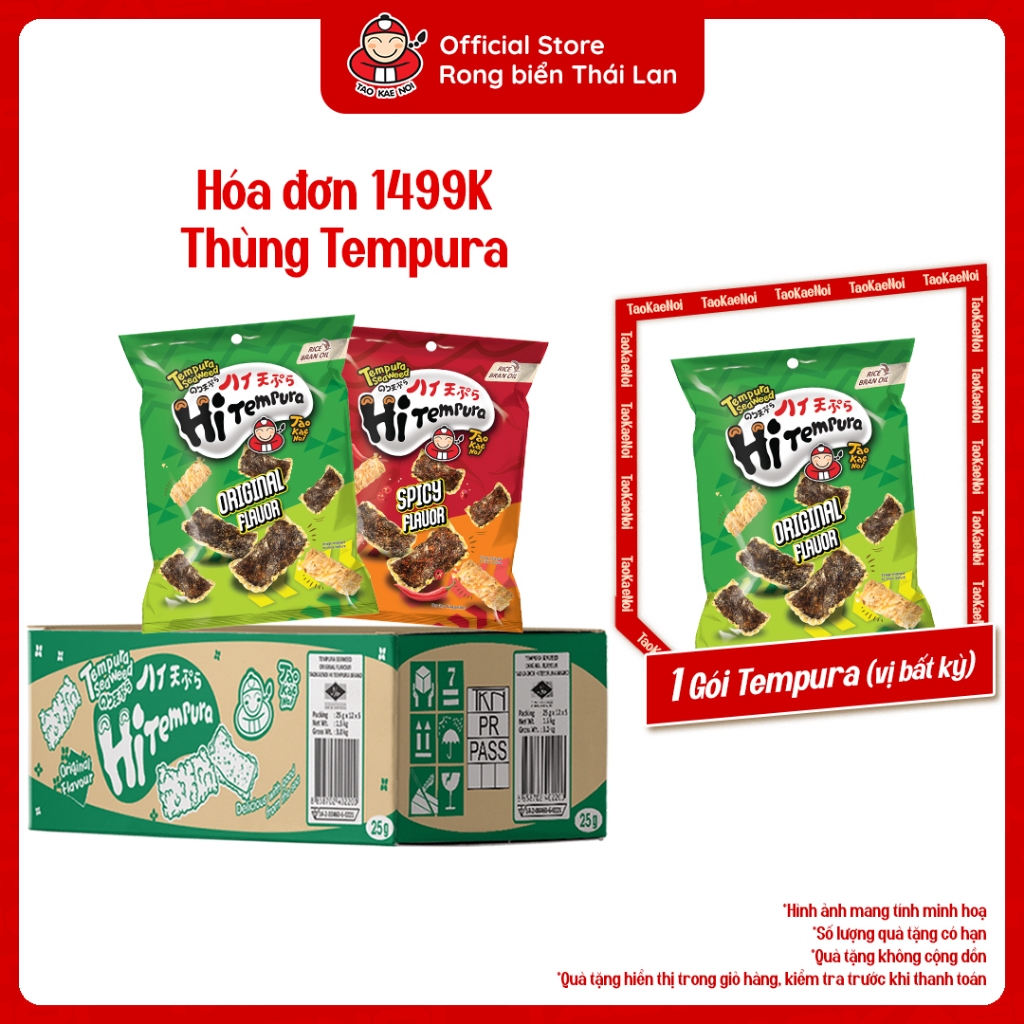 [ĐƠN 1499K TẶNG 1 GÓI TEMPURA] Thùng 60 Gói Snack Rong Biển Hi Tempura 22G Taokaenoi Nhập Khẩu Thái Lan