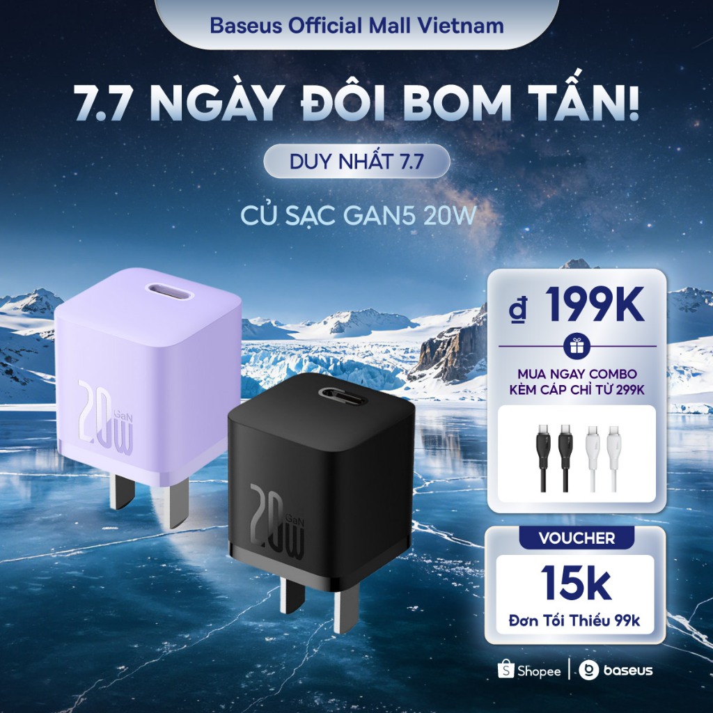 Củ Sạc Nhanh Baseus PD 20W GaN5 1C Type-C Sạc Nhanh AnToàn Cho điện thoại và các loại máy tính bảng
