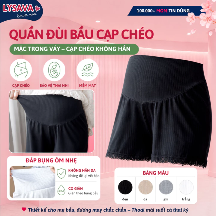 Quần Đùi Bầu LYSAVA Mặc Trong Váy Kín Đáo Chất Vải Lụa Tăm Mềm Mịn - Quần Short Bầu Mặc Nhà Mặc Ngủ Cho Mẹ Bầu, QD2