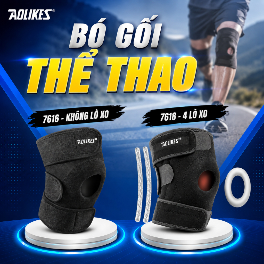Bó gối thể thao có lò xo AOLIKES 7616, 7618 băng đầu gối khi chạy bộ,bóng đá thể thao leo núi