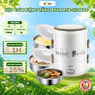 Hộp cơm cắm điện 3 tầng 2L Bear RSB-H206AD, 270W, Hâm/ Hấp/ Nấu cơm- Cho 1-2 người,Bảo Hành 18 Tháng