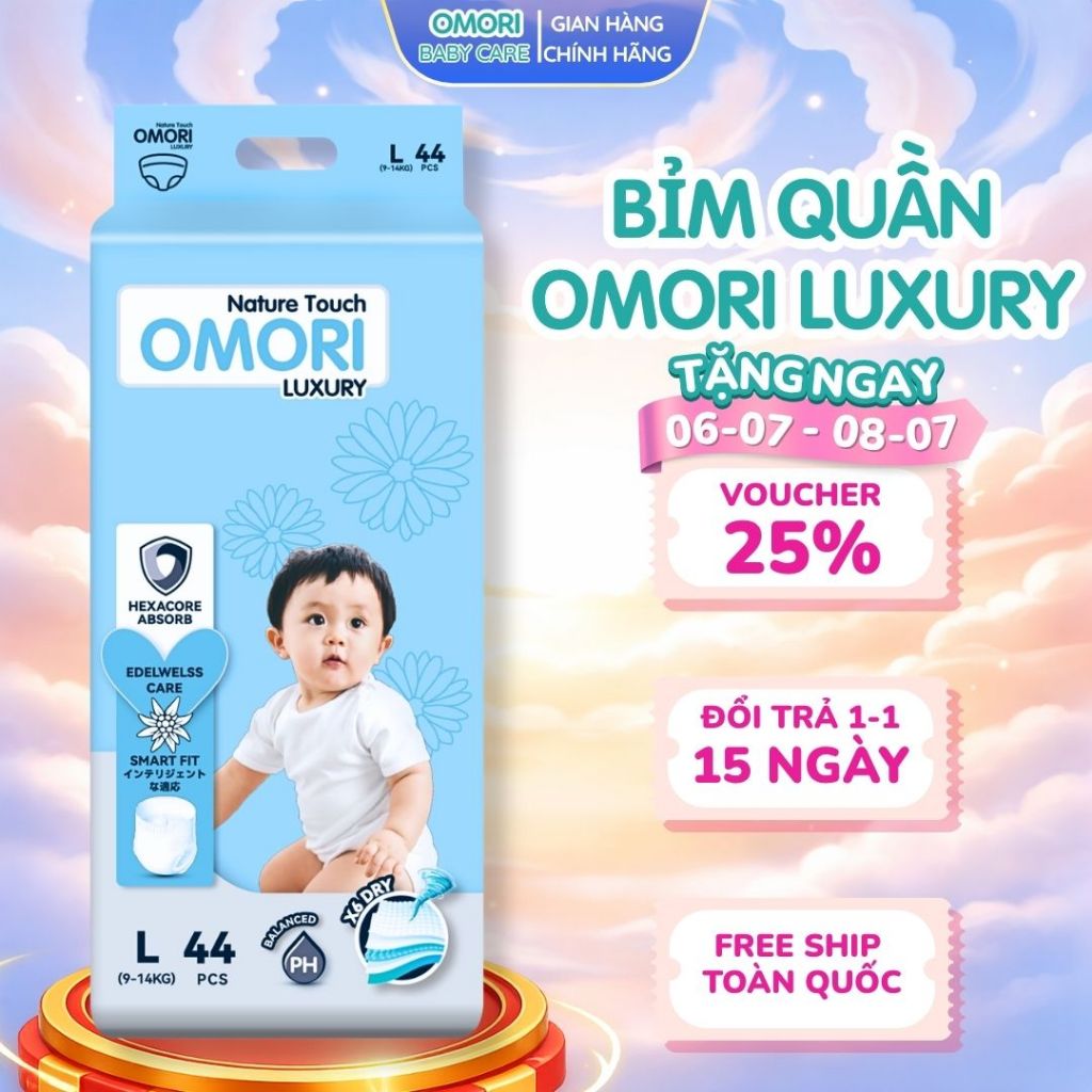Tã/ Bỉm Quần OMORI LUXURY Siêu Mềm Mại Khô Thoáng Tinh chất hoa Nhung Tuyết Cho Bé Từ 6 - 20kg