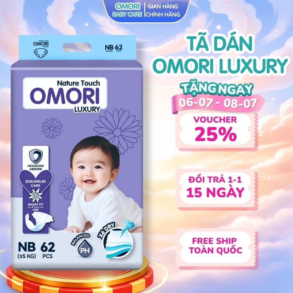 Tã/ Bỉm Dán Cao Cấp OMORI Luxury Mỏng Nhẹ Thấm Hút Nhanh Tinh Chất Hoa Nhung Tuyết Cho Bé Từ 3-11kg