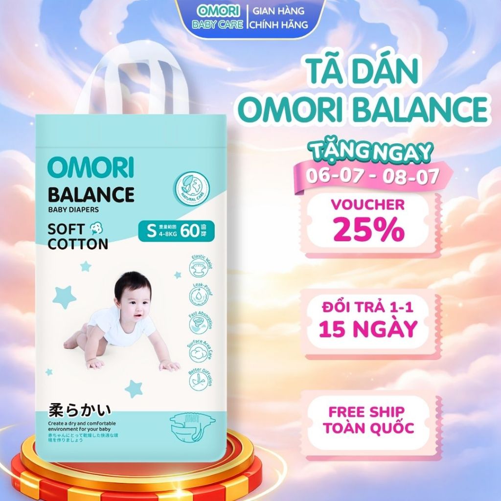 Tã/ Bỉm Dán OMORI BALANCE Siêu Mềm Mại Khô Thoáng NB66/S60/M54 Cho Bé Từ 3 - 11kg