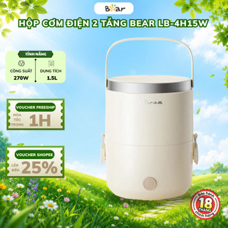 Hộp cơm cắm điện 2 tầng cầm tay Bear LB-4H15W, 270W, 1.5L, Hâm nóng/ Hấp/ Nấu Cơm, Bảo Hành 18 Tháng