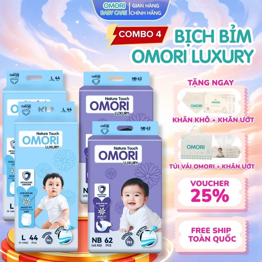 [Có Quà] Combo 4 Bịch Tã/Bỉm Dán, Quần Cao Cấp OMORI Luxury Mỏng Nhẹ Thấm Hút Cho Bé