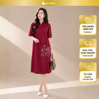 SWANLAKE | Váy Đầm Nữ Midi Sơ Mi Cài Nút Công Sở Thêu Hoa Vải Linen Thấm Hút Tay Ngắn Có Túi D11297