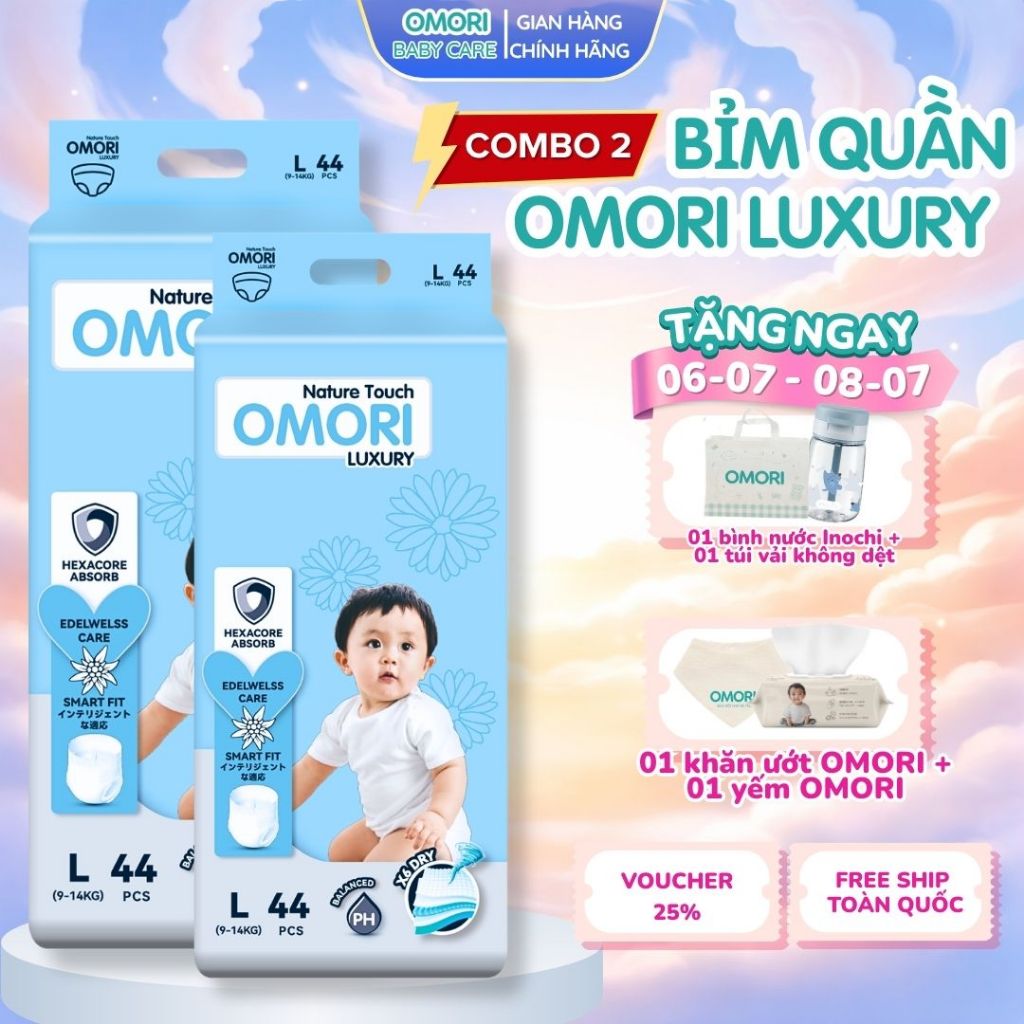 Combo 2 Bịch Tã/ Bỉm Quần Cao Cấp OMORI LUXURY Mỏng Nhẹ, Siêu Thấm Hút, Tinh chất hoa Nhung Tuyết