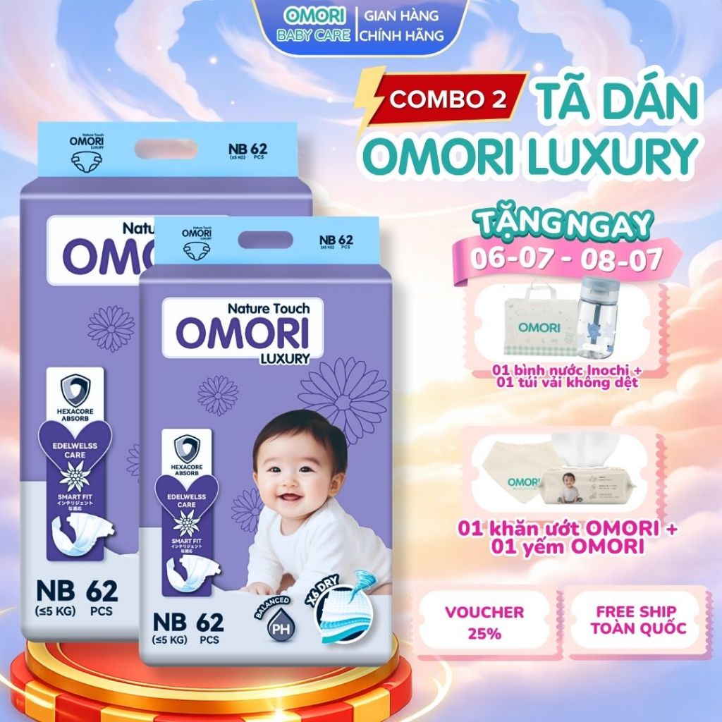Combo 2 Bịch Tã/ Bỉm Dán Cao Cấp OMORI LUXURY Mỏng Nhẹ, Siêu Thấm Hút, Chất Liệu  An toàn cho bé
