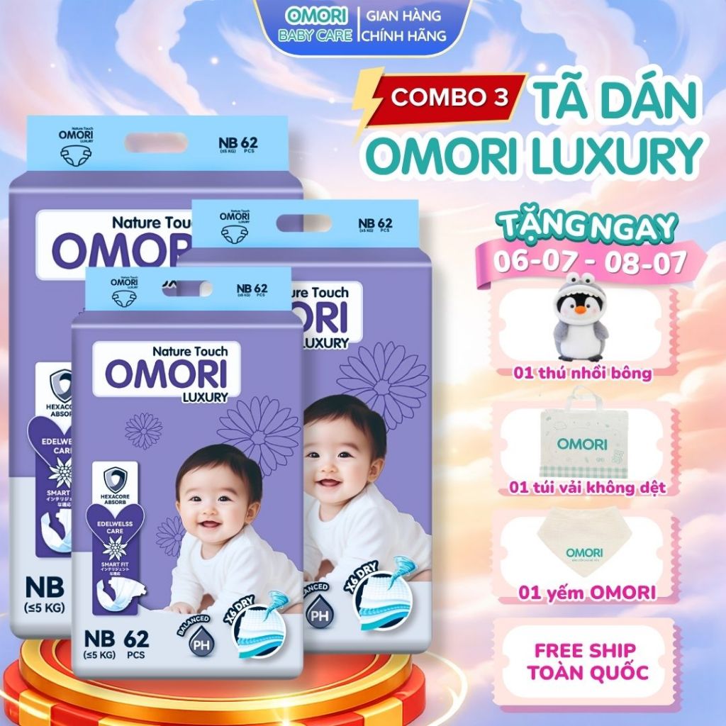 Combo 3 Bịch Tã/ Bỉm Dán Cao Cấp OMORI LUXURY Mỏng Nhẹ, Siêu Thấm Hút, Chất Liệu An Toàn Cho Bé