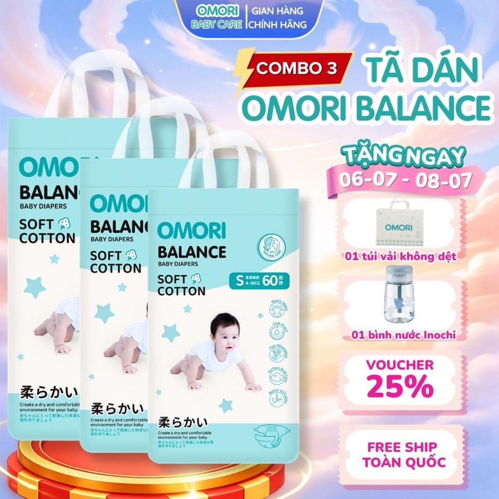 Combo 3 Bịch Tã/Bỉm Dán Omori Balance NB66/S60/M54 Cho Bé Từ 3 - 11kg