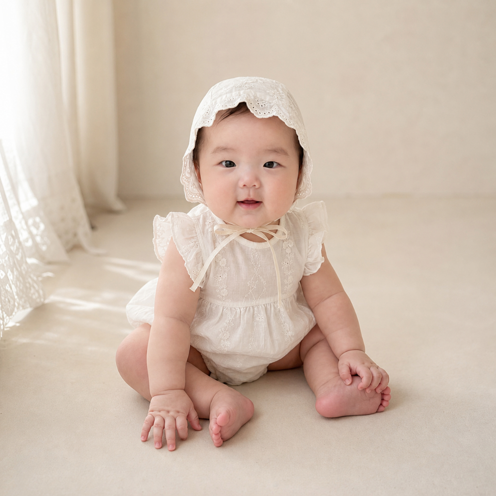Little Soda - Body Bé Gái Kèm Mũ Bonnet Thêu Hoa Vintage Hàn Quốc Cho Bé Sơ Sinh 3-8kg