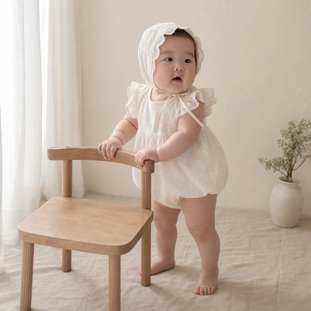 Little Soda - Body Bé Gái Kèm Mũ Bonnet Thêu Hoa Vintage Hàn Quốc Cho Bé Sơ Sinh 3-8kg