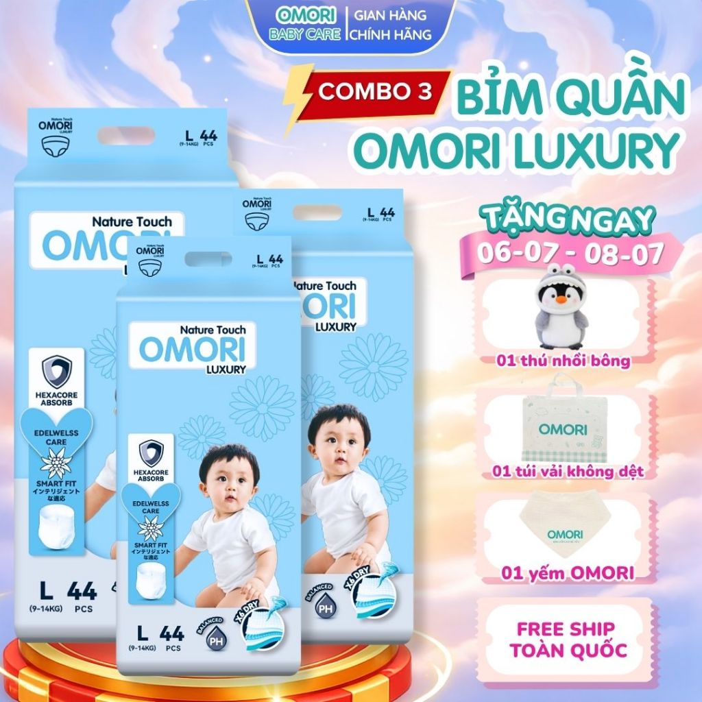 Combo 3 Bịch Tã/ Bỉm Quần Cao Cấp OMORI LUXURY Mỏng Nhẹ, Siêu Thấm Hút, Chất Liệu An Toàn Cho Bé