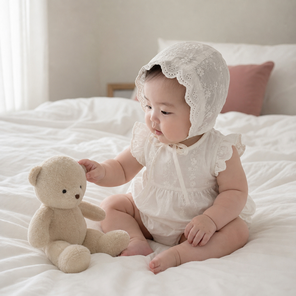 Little Soda - Body Bé Gái Kèm Mũ Bonnet Thêu Hoa Vintage Hàn Quốc Cho Bé Sơ Sinh 3-8kg