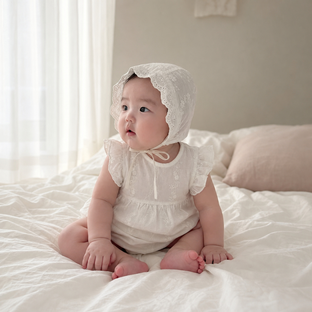 Little Soda - Body Bé Gái Kèm Mũ Bonnet Thêu Hoa Vintage Hàn Quốc Cho Bé Sơ Sinh 3-8kg