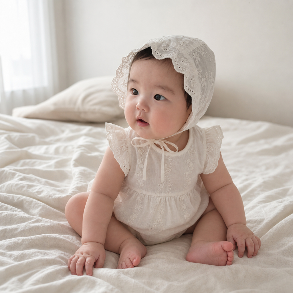 Little Soda - Body Bé Gái Kèm Mũ Bonnet Thêu Hoa Vintage Hàn Quốc Cho Bé Sơ Sinh 3-8kg