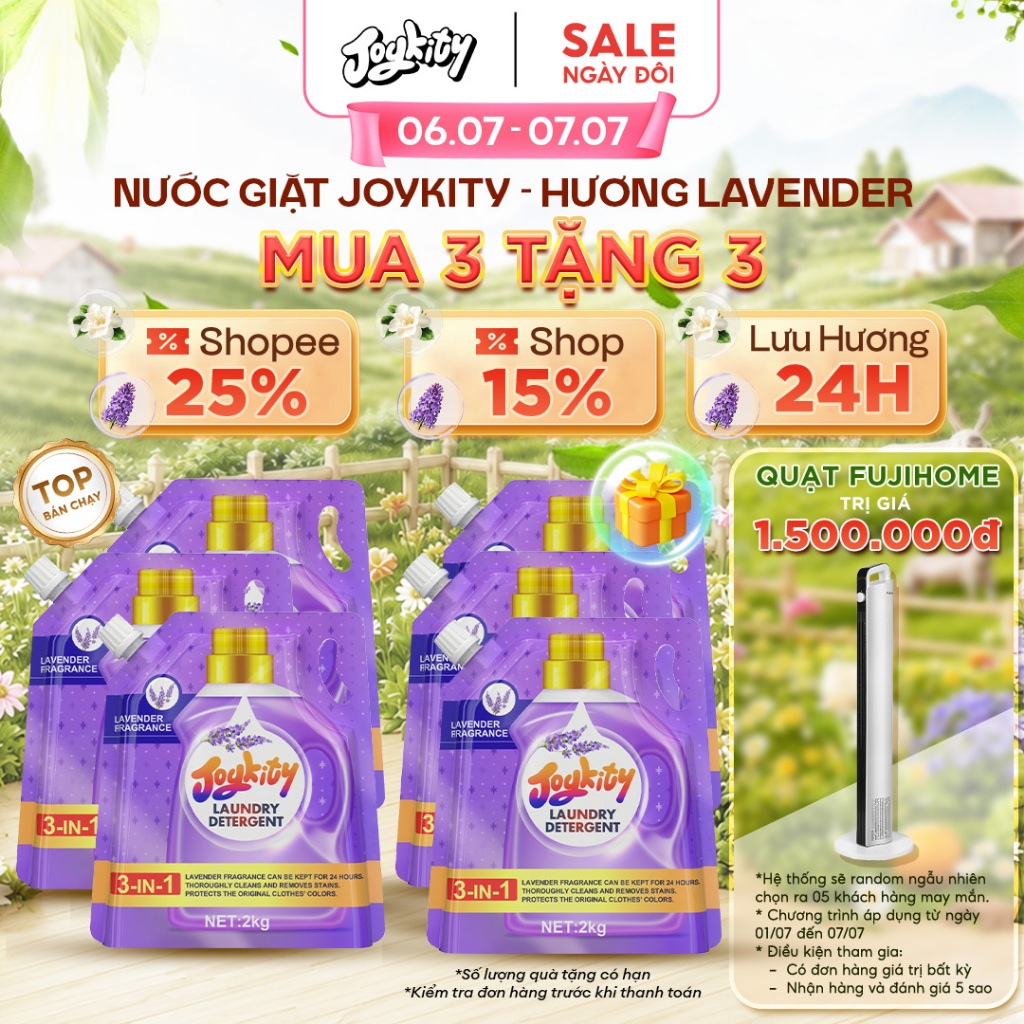 [MUA 3 TẶNG 3] Nước Giặt Joykity Hương Lavender túi 2L Dịu Nhẹ An Toàn Cho Da Lưu Hương 24 Tiếng