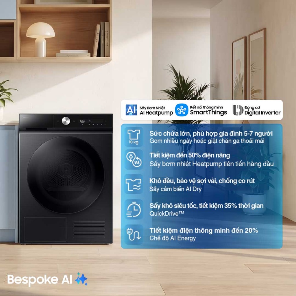 Máy Sấy Bơm Nhiệt Samsung Bespoke AI 10 kg DV10BB9440GBSV - Sấy cảm biến AI Dry, màu Đen