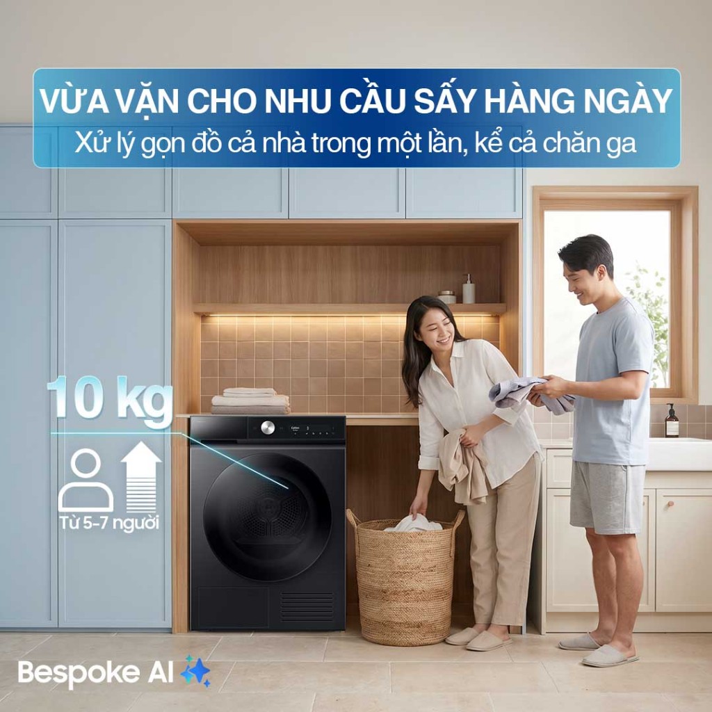Máy Sấy Bơm Nhiệt Samsung Bespoke AI 10 kg DV10BB9440GBSV - Sấy cảm biến AI Dry, màu Đen