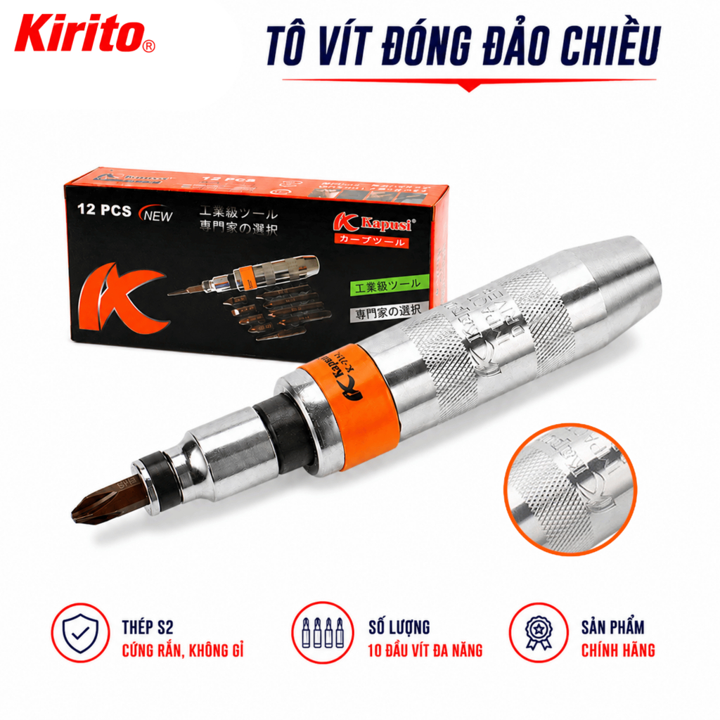 Bộ Tô Vít Đóng Đảo Chiều Kapusi 12 Chi Tiết, Bộ Đầu Tua Vít Đa Năng Thép S2 Chống Gỉ K7194