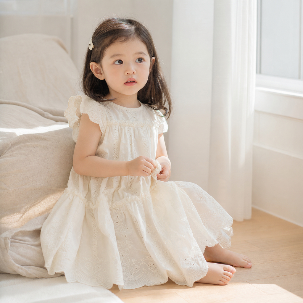 Little Soda - Váy Aria White công chúa voan ren trắng cho bé gái phong cách Hàn Quốc dễ thương, đầm bèo nhún tiểu thư đi