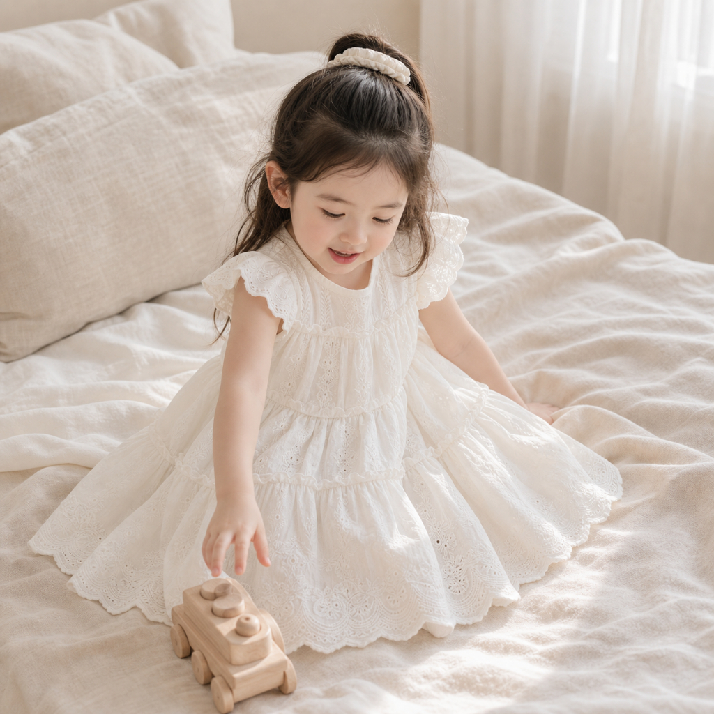 Little Soda - Váy Aria White công chúa voan ren trắng cho bé gái phong cách Hàn Quốc dễ thương, đầm bèo nhún tiểu thư đi