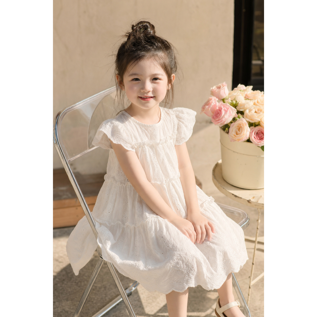 Little Soda - Váy Aria White công chúa voan ren trắng cho bé gái phong cách Hàn Quốc dễ thương, đầm bèo nhún tiểu thư đi