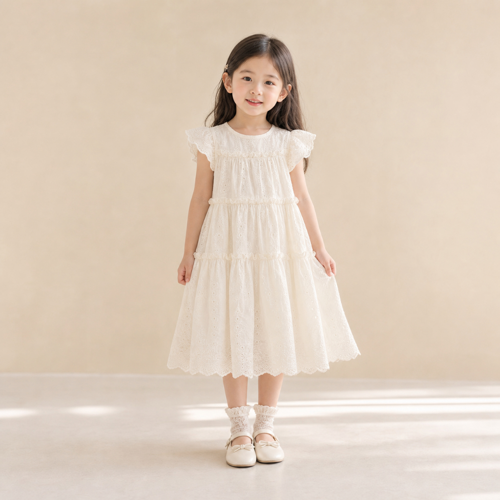 Little Soda - Váy Aria White công chúa voan ren trắng cho bé gái phong cách Hàn Quốc dễ thương, đầm bèo nhún tiểu thư đi