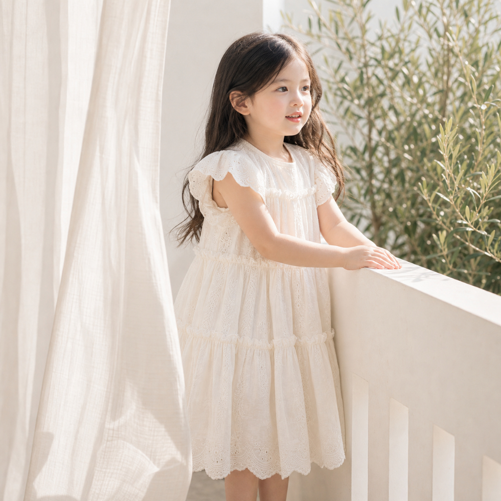 Little Soda - Váy Aria White công chúa voan ren trắng cho bé gái phong cách Hàn Quốc dễ thương, đầm bèo nhún tiểu thư đi