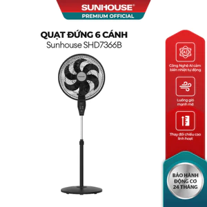 Quạt đứng 6 cánh Sunhouse SHD7366B - Gió AI tự động cảm biến nhiệt - 4 chế độ gió linh hoạt
