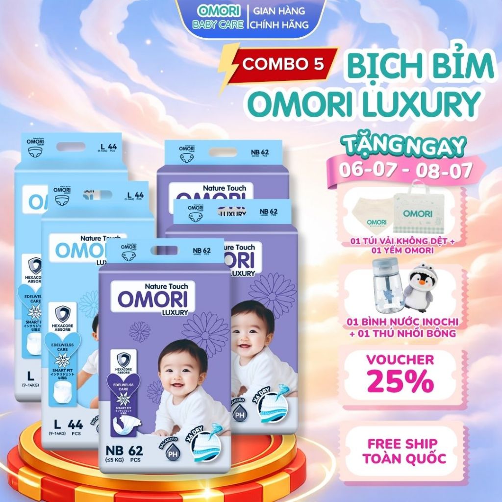 [Mua 6 Tặng 1] Combo 6 Bịch Tã/Bỉm Dán, Quần Cao Cấp OMORI Luxury Mỏng Nhẹ Thấm Hút Cho Bé