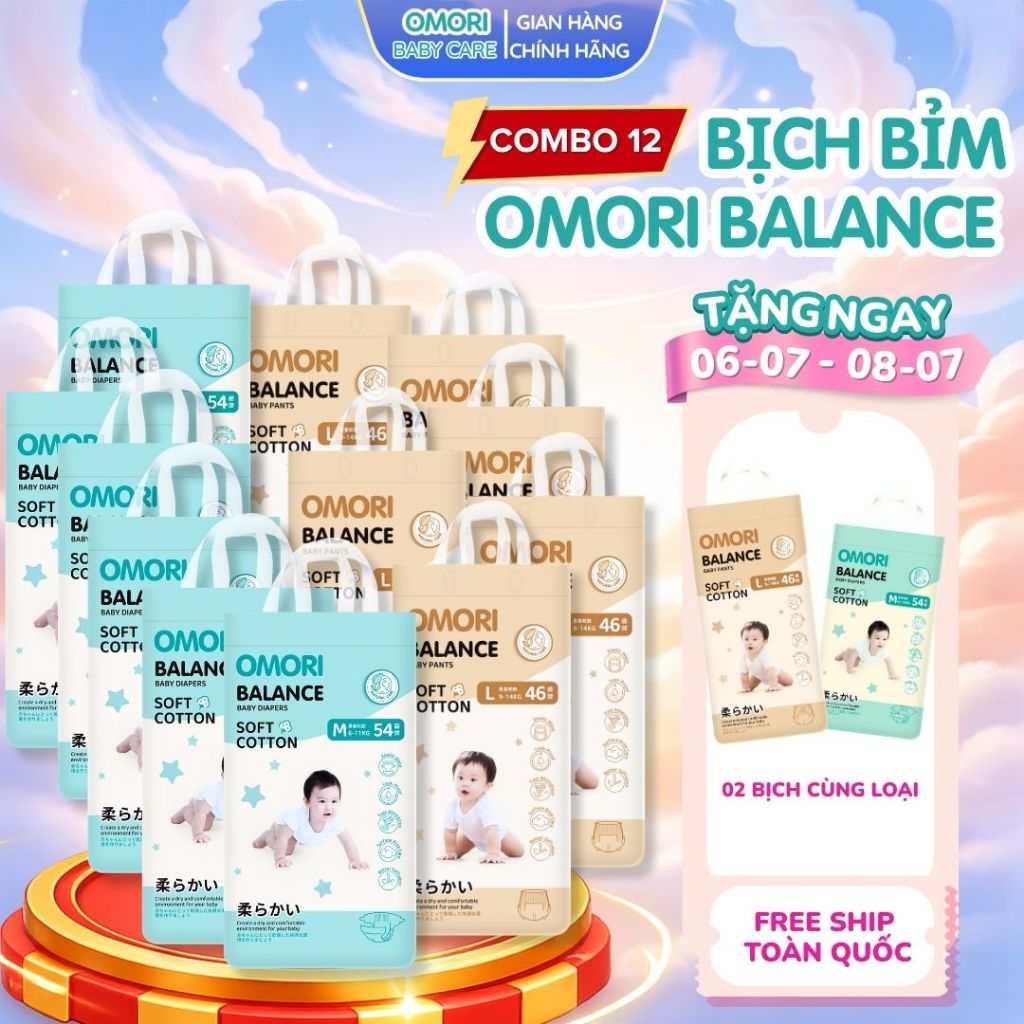 [Mua 12 Tặng 2] Combo 12 Bịch Tã/Bỉm Dán, Quần OMORI BALANCE Mỏng Nhẹ Thấm Hút Cho Bé
