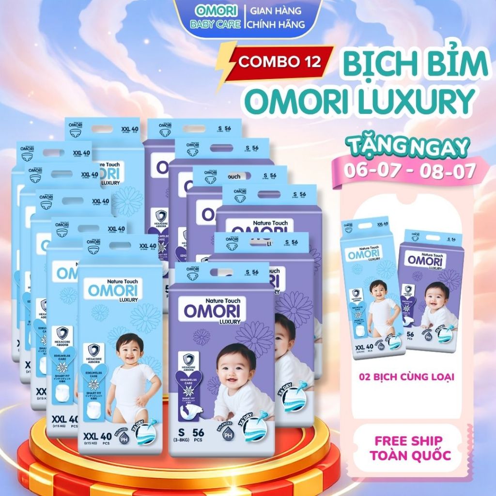 [Mua 12 Tặng 2] Combo 12 Bịch Tã/Bỉm Dán, Quần Cao Cấp OMORI Luxury Mỏng Nhẹ Thấm Hút Cho Bé