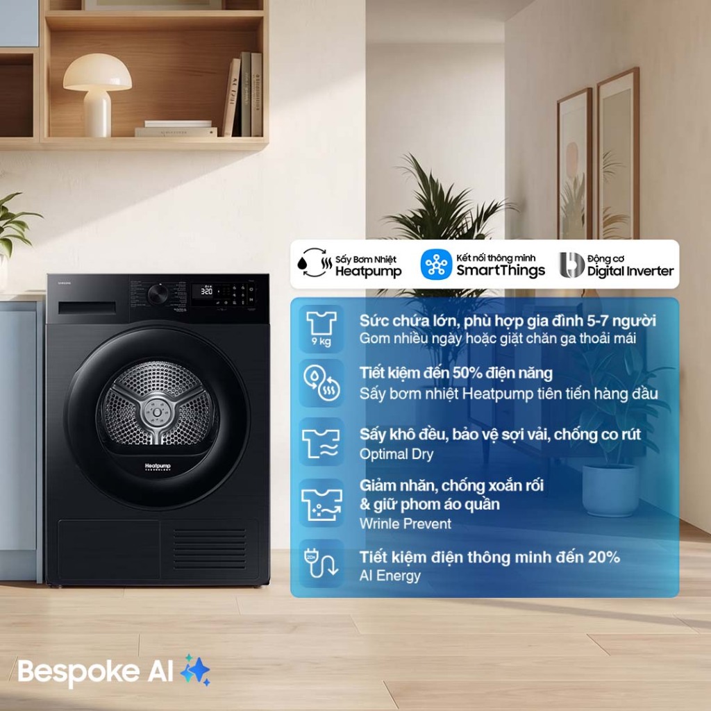 Máy Sấy Bơm Nhiệt Samsung Bespoke AI 9 kg DV90CGC2A0ABSV - Sấy cảm biến Optimal Dry, màu Đen