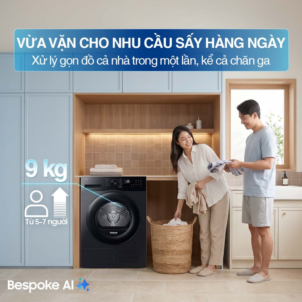 Máy Sấy Bơm Nhiệt Samsung Bespoke AI 9 kg DV90CGC2A0ABSV - Sấy cảm biến Optimal Dry, màu Đen