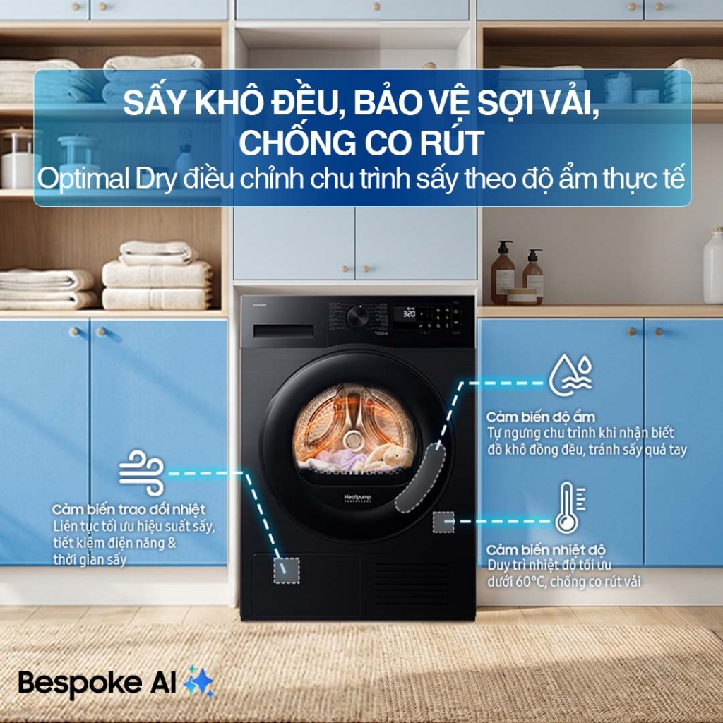 Máy Sấy Bơm Nhiệt Samsung Bespoke AI 9 kg DV90CGC2A0ABSV - Sấy cảm biến Optimal Dry, màu Đen