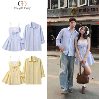 Set Đồ Đôi Kẻ Sọc Váy Hai Dây Bản Nhỏ Phối Ren Nữ Và Áo Sơ Mi Dài Tay Nam, Đồ Đôi Du Lịch 88001