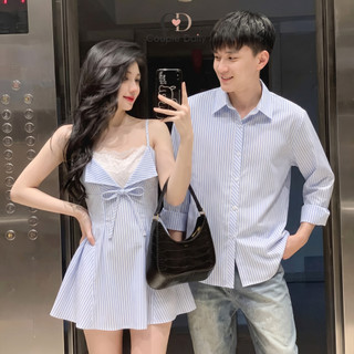 Set Đồ Đôi Kẻ Sọc Váy Hai Dây Bản Nhỏ Phối Ren Nữ Và Áo Sơ Mi Dài Tay Nam, Đồ Đôi Du Lịch 88001