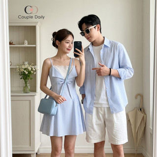 Set Đồ Đôi Kẻ Sọc Váy Hai Dây Bản Nhỏ Phối Ren Nữ Và Áo Sơ Mi Dài Tay Nam, Đồ Đôi Du Lịch 88001