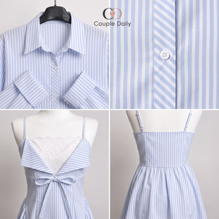 Set Đồ Đôi Kẻ Sọc Váy Hai Dây Bản Nhỏ Phối Ren Nữ Và Áo Sơ Mi Dài Tay Nam, Đồ Đôi Du Lịch 88001