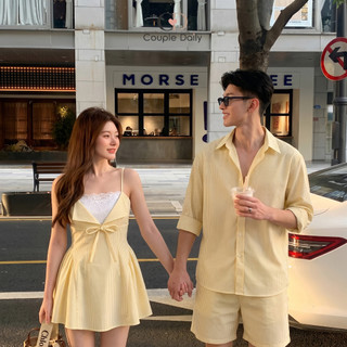 Set Đồ Đôi Kẻ Sọc Váy Hai Dây Bản Nhỏ Phối Ren Nữ Và Áo Sơ Mi Dài Tay Nam, Đồ Đôi Du Lịch 88001