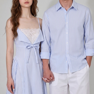 Set Đồ Đôi Kẻ Sọc Váy Hai Dây Bản Nhỏ Phối Ren Nữ Và Áo Sơ Mi Dài Tay Nam, Đồ Đôi Du Lịch 88001