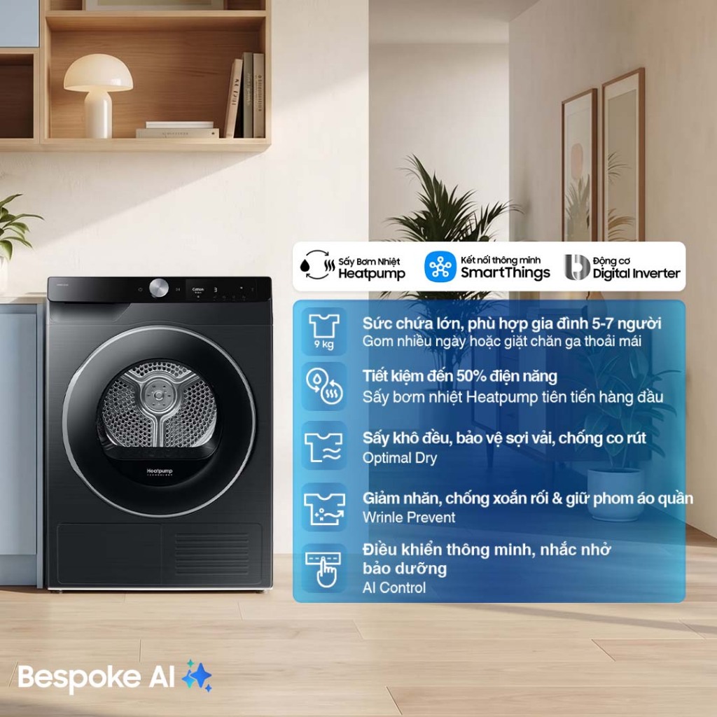 Máy Sấy Bơm Nhiệt Samsung Bespoke AI 9 kg DV90T6240LB/SV - Sấy cảm biến Optimal Dry, màu Đen