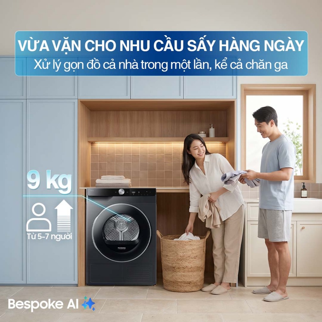 Máy Sấy Bơm Nhiệt Samsung Bespoke AI 9 kg DV90T6240LB/SV - Sấy cảm biến Optimal Dry, màu Đen