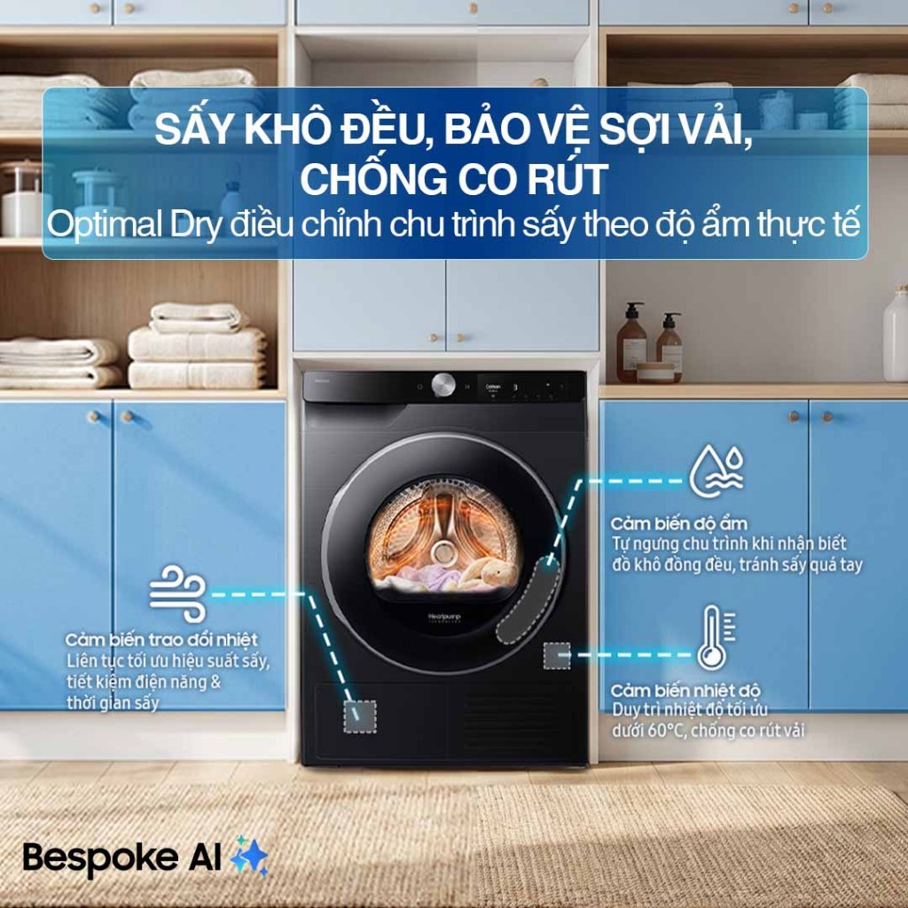 Máy Sấy Bơm Nhiệt Samsung Bespoke AI 9 kg DV90T6240LB/SV - Sấy cảm biến Optimal Dry, màu Đen
