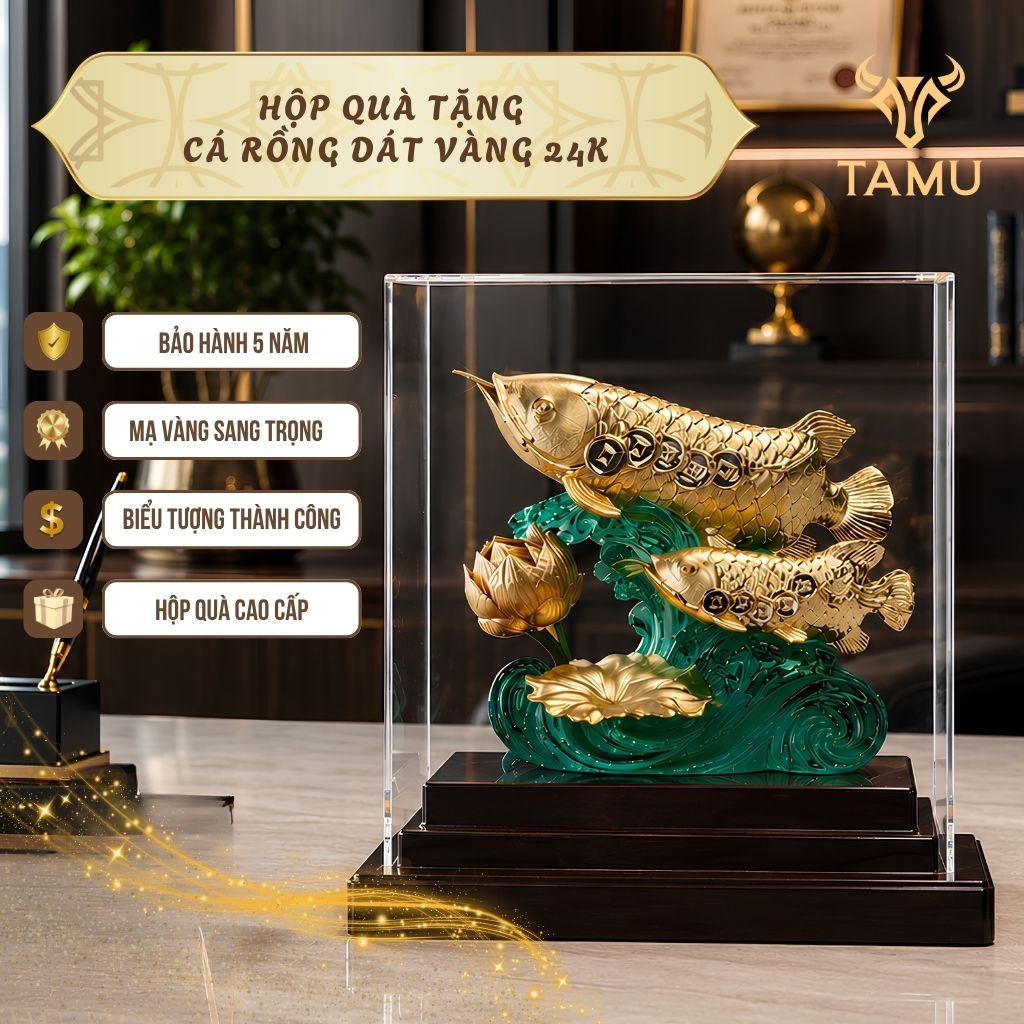 Hộp Quà Tặng Phong Thủy Vàng 24K Cá Rồng Dát Vàng,Quà Tặng Cao Cấp, Quà Trang Trí, Quà Lưu Niệm