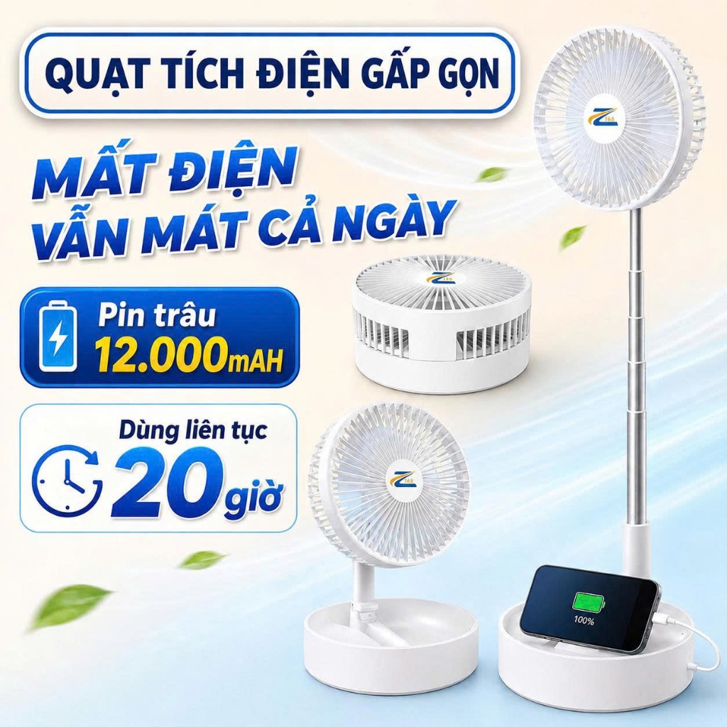 Quạt Tích Điện Gấp Gọn Để Bàn Zlife Pin Trâu 12.000mAh - 4 Tốc Độ Gió, Dùng 20h, Mang Đi Mọi Nơi