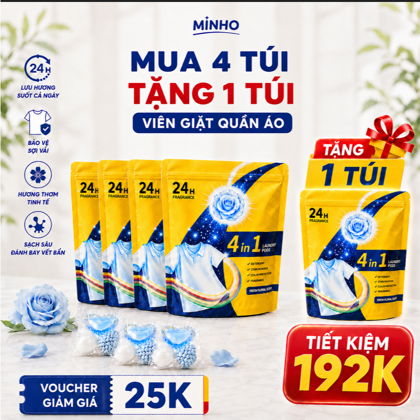 Mua 4 tặng 1 - Viên giặt quần áo hương hoa hồng - Viên giặt Minho lưu hương 72h - Siêu sale 7/7