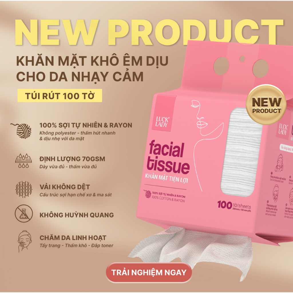 [MỚI-VC 25%]Túi khăn mặt khô dùng 1 lần Luck Lady cao cấp 100 tờ/túi,khăn dành riêng cho da mặt, phù hợp cho da nhạy cảm